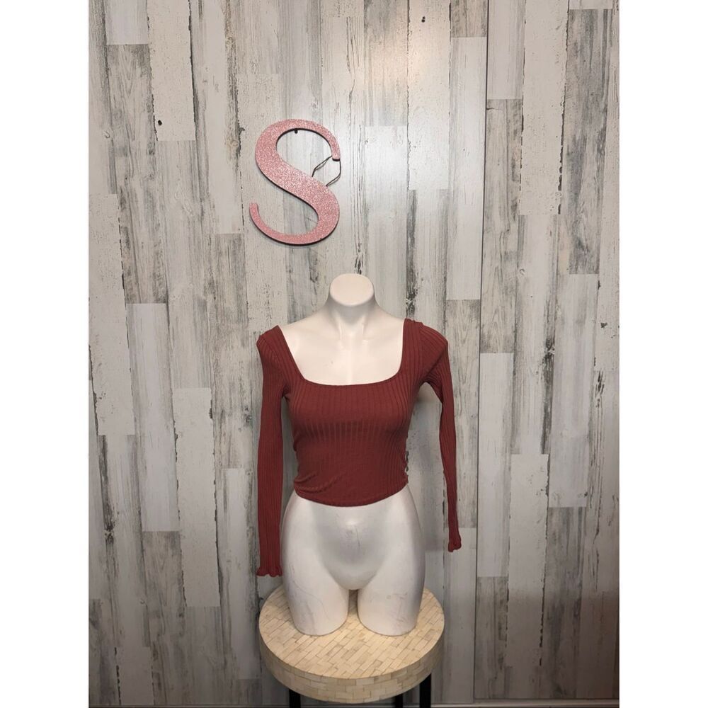 Rust Ribbed Long Sleeve Crop Top Square Neck Fitted Stretchy Casual Top